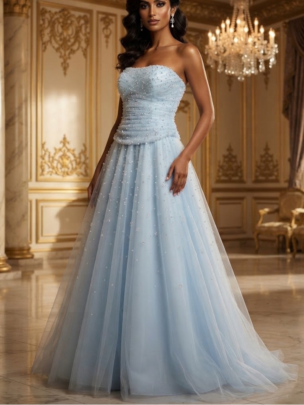 Betsy & Babs Strapless Blue Beaded Tulle Ball Gown Full-Length Dress 11/12